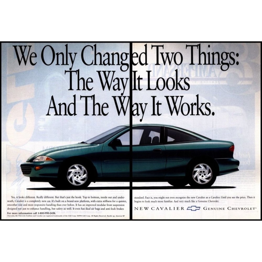 1995 Chevy Cavalier Coupe 2 Page Vintage Print Ad Compact Car Wall Art Photo